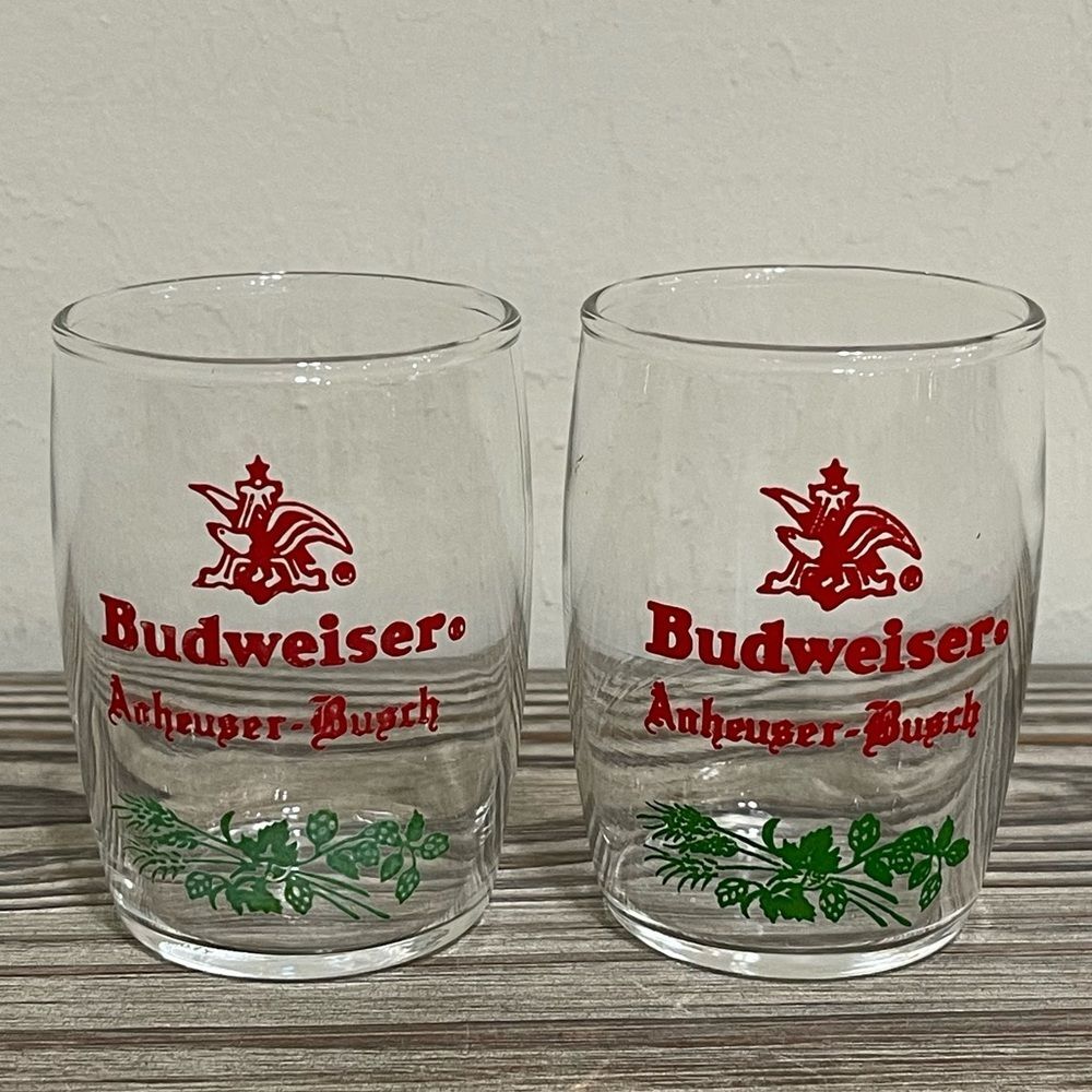 Vintage 60s Budweiser Anheuser Busch Tester Sampler Glasses Barrel Shaped 2 Set